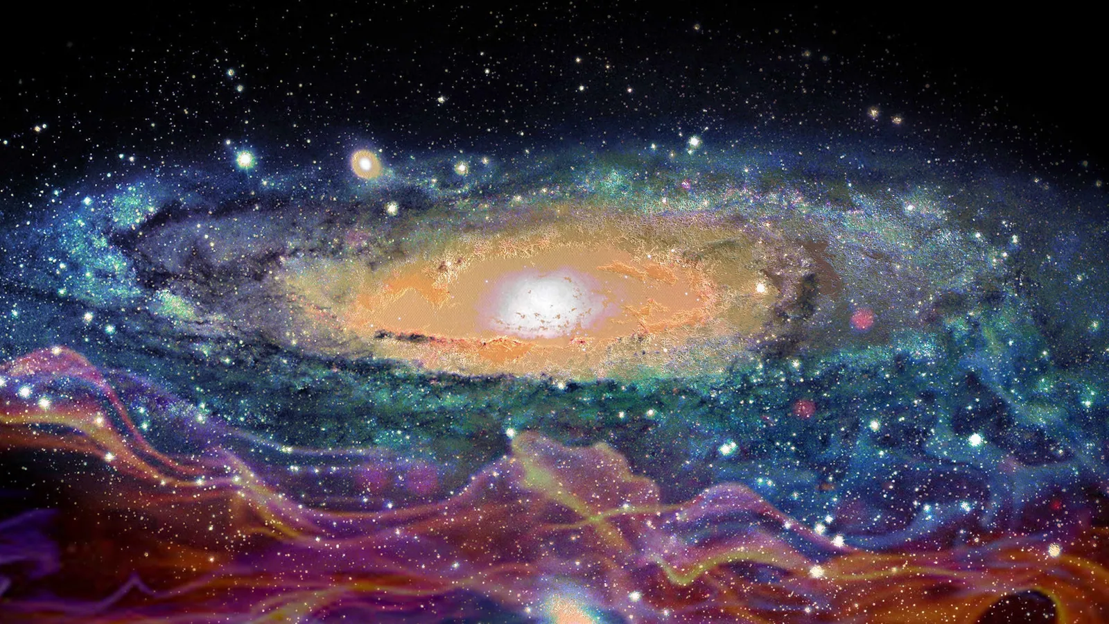 色鮮やかな光の波の上に広がる渦巻銀河を描いた宇宙作品