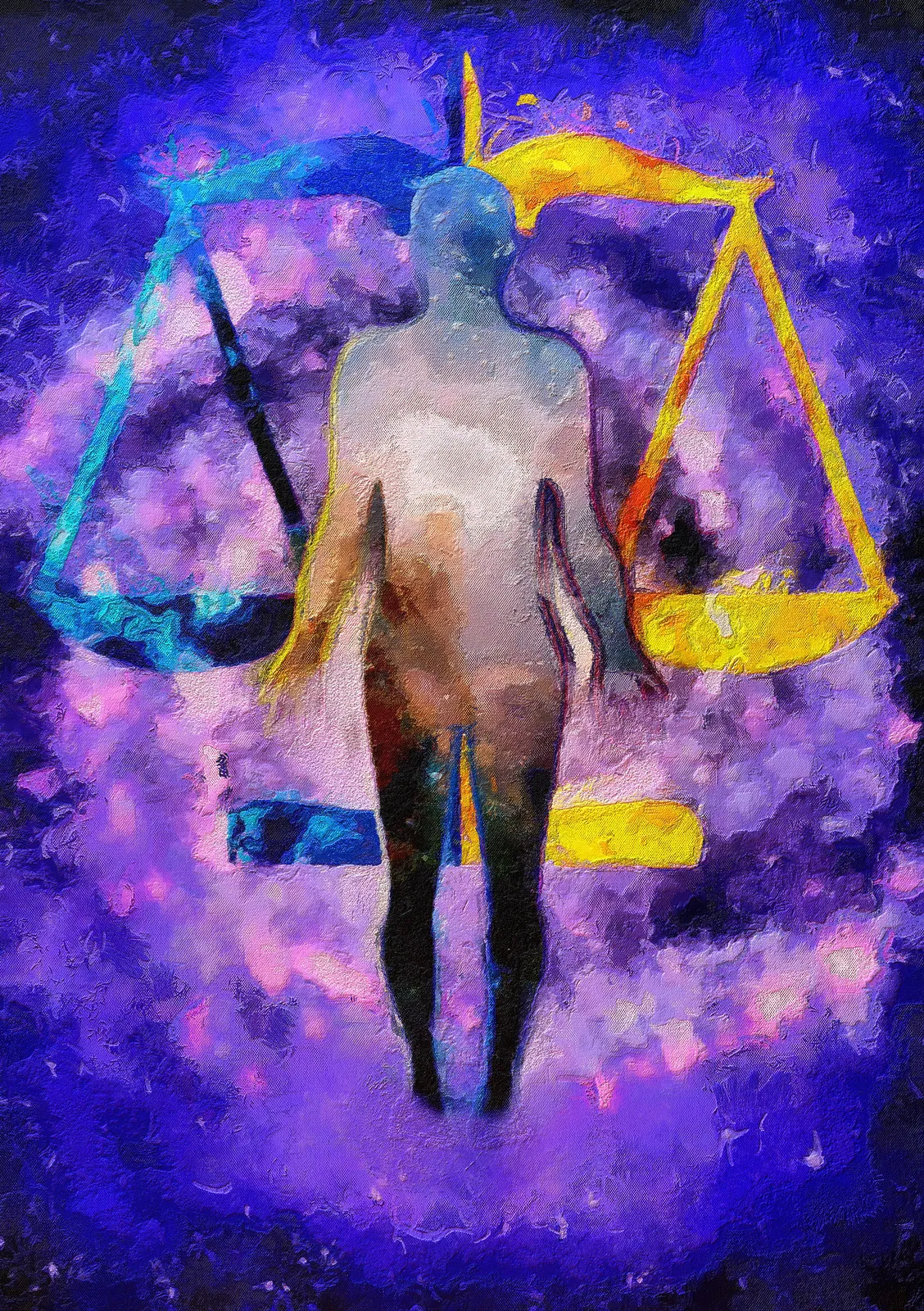紫色の宇宙空間で天秤を掲げる人物を描いた均衡の作品