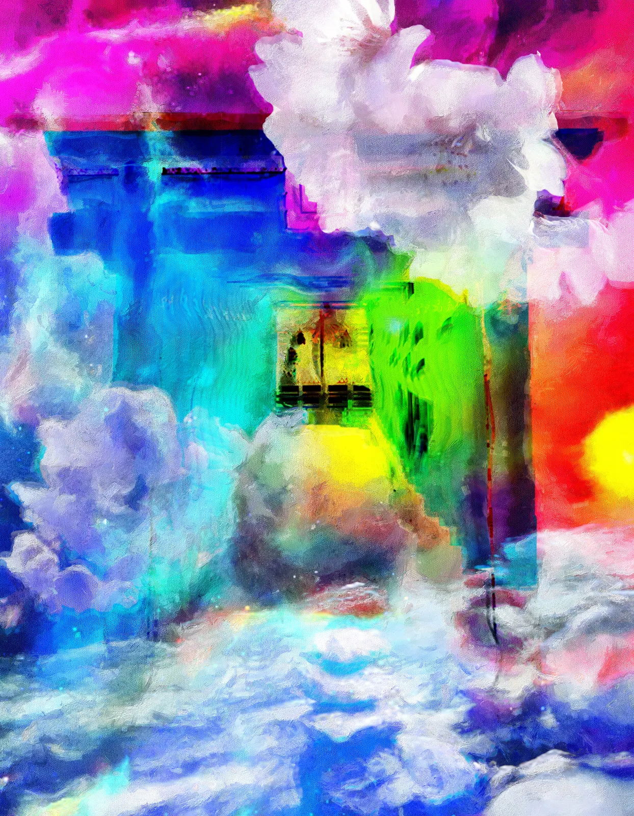 青や緑、桃色の雲の中に浮かぶ建造物を描いた幻想風景