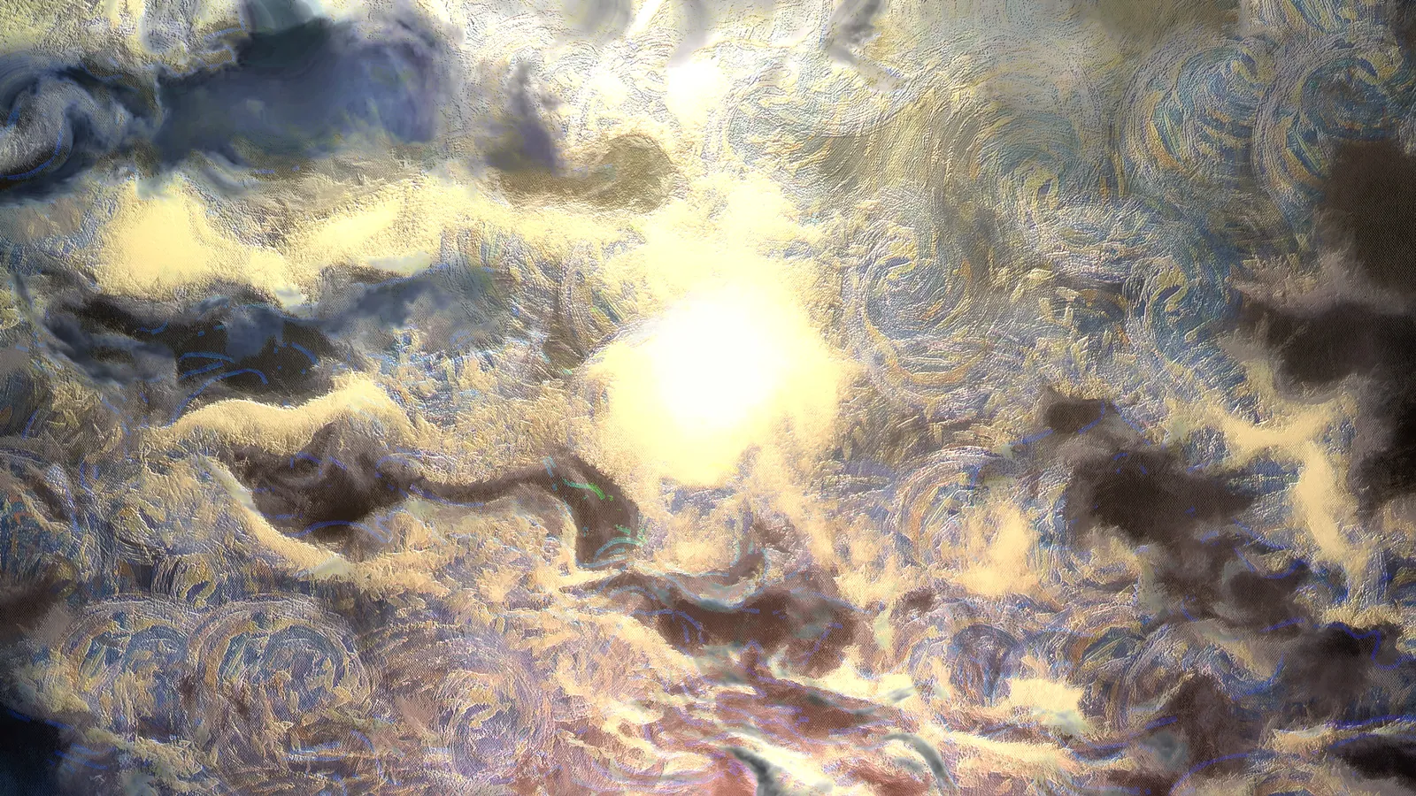 暗い雲と渦の中心から強い光が現れる様子を描いた作品