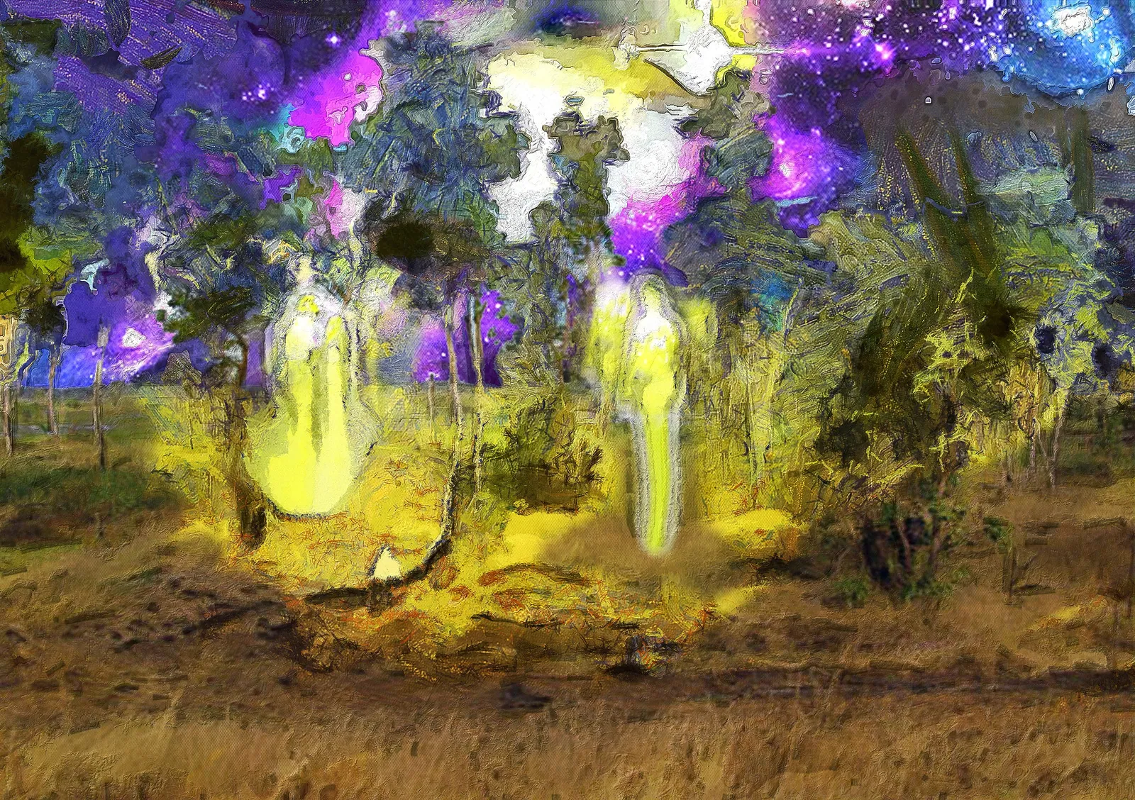 星空と森の中に現れた複数の光る人影を描いた遭遇の作品