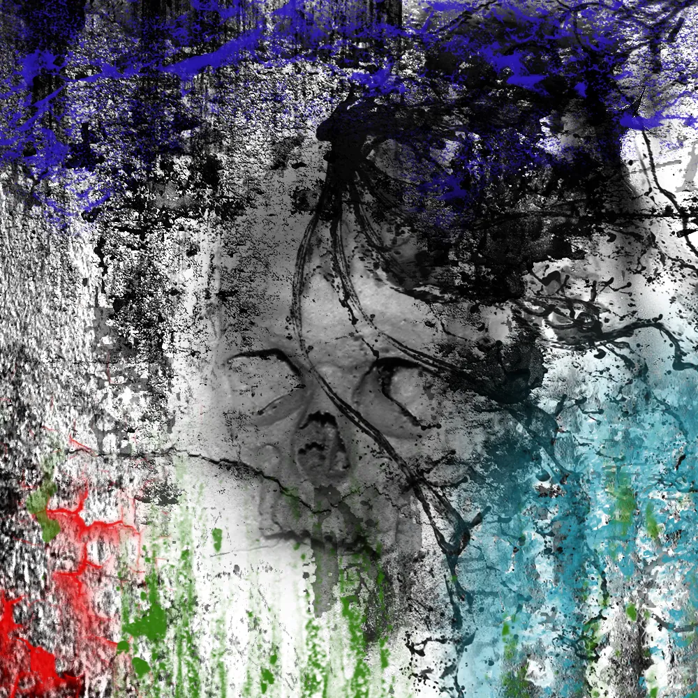 白黒の荒れた世界に立つ黒い人影と赤や青の色彩を描いた作品