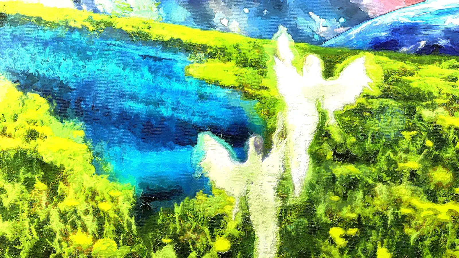 青と緑の大地に立つ二つの白く輝く翼ある存在