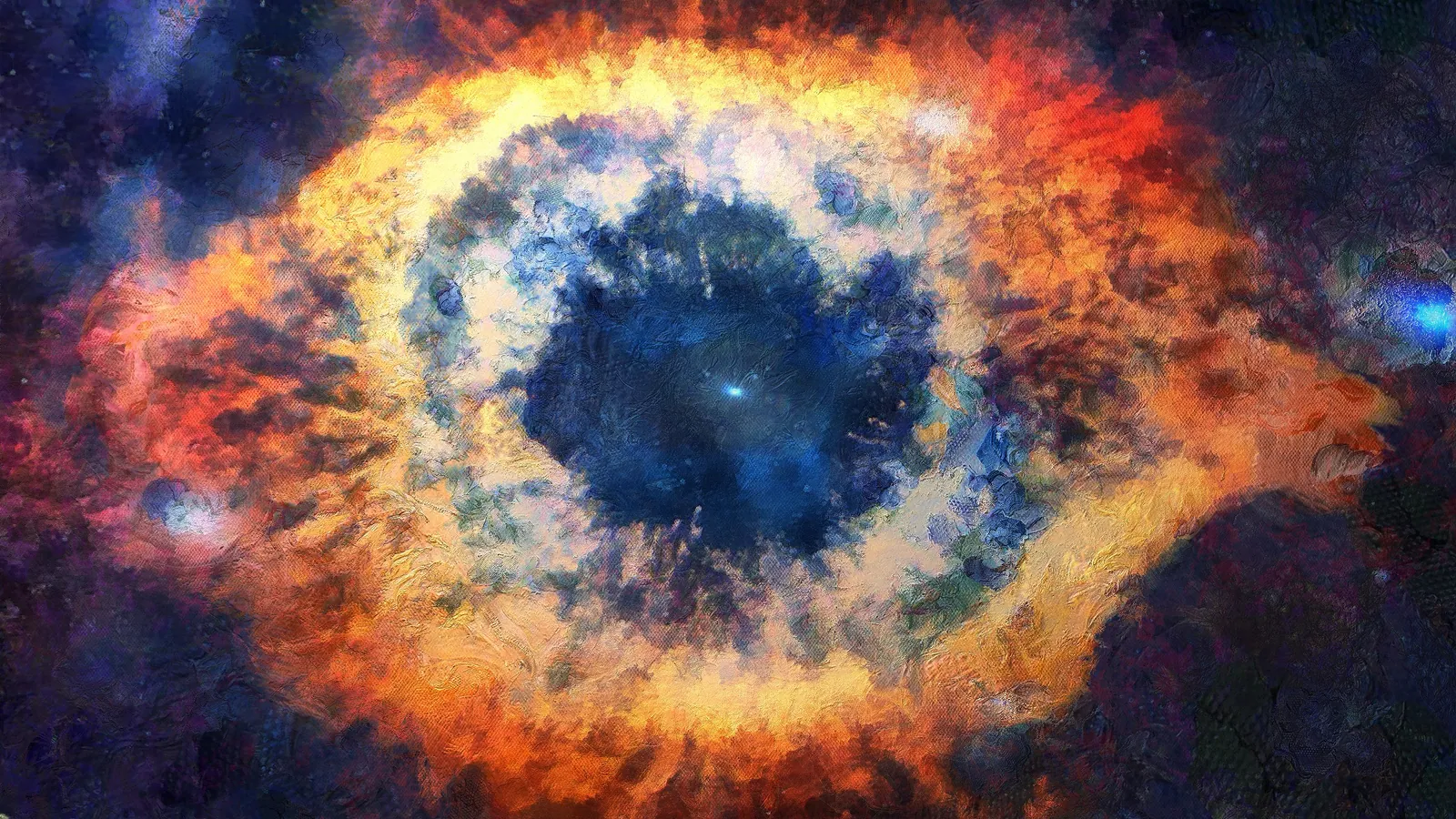 暗い宇宙空間に浮かぶ炎のような巨大な目