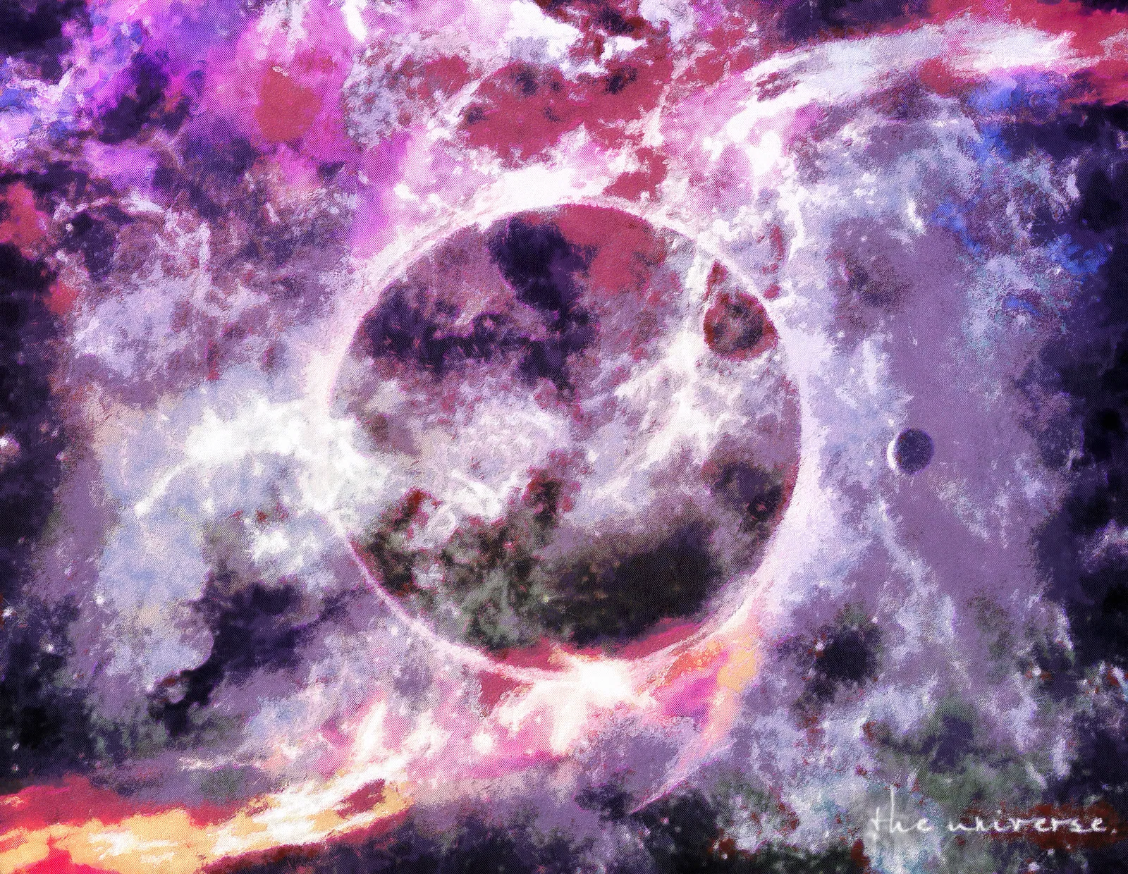 紫と白の星雲に包まれた惑星を描いた宇宙作品