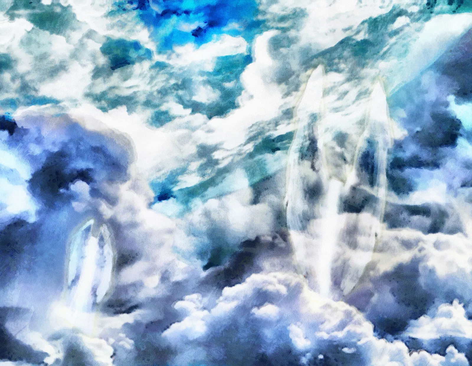 青白い雲と氷の建造物が広がる幻想的な世界