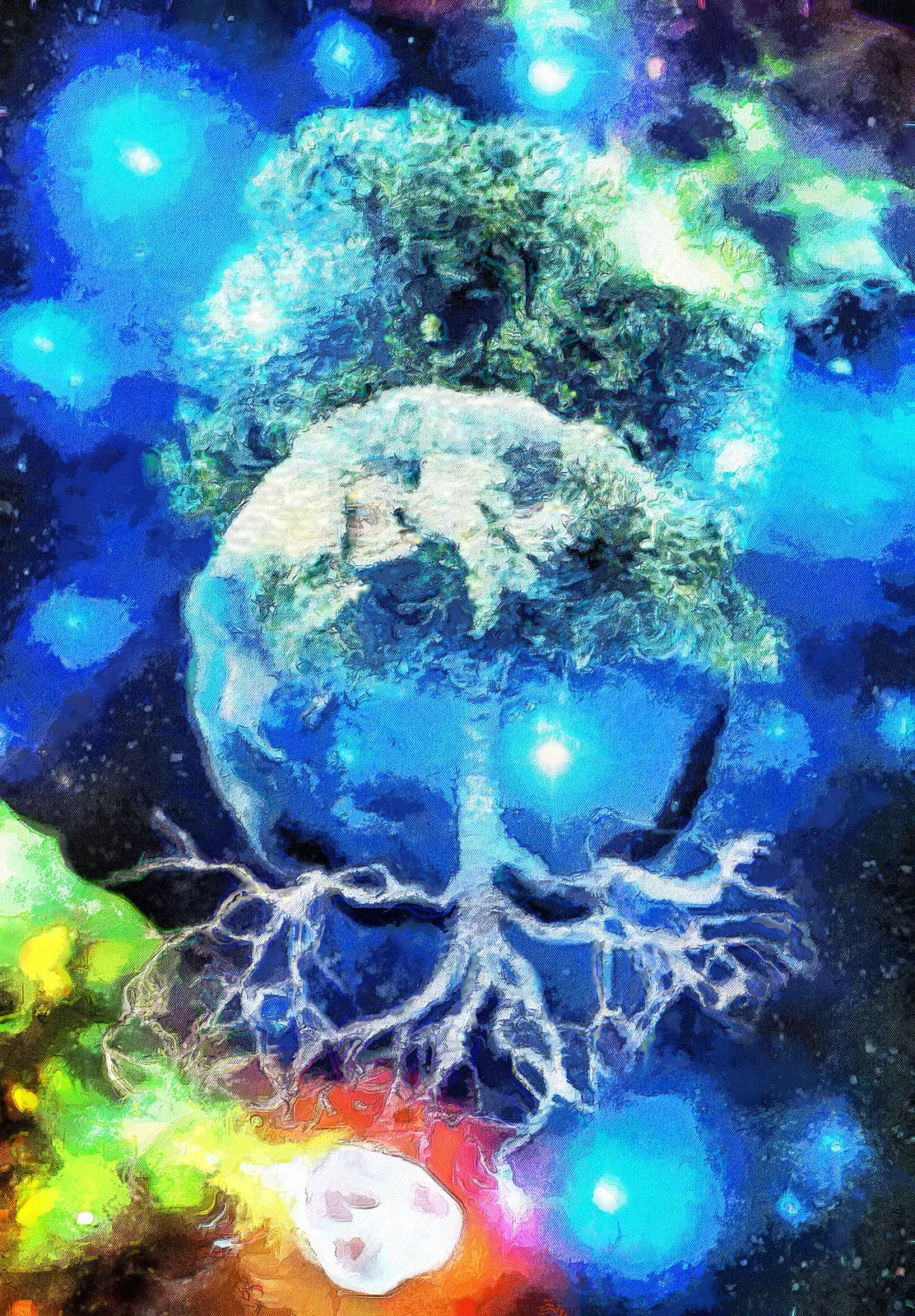 宇宙に浮かぶ地球へ根を伸ばす大樹を描いた作品